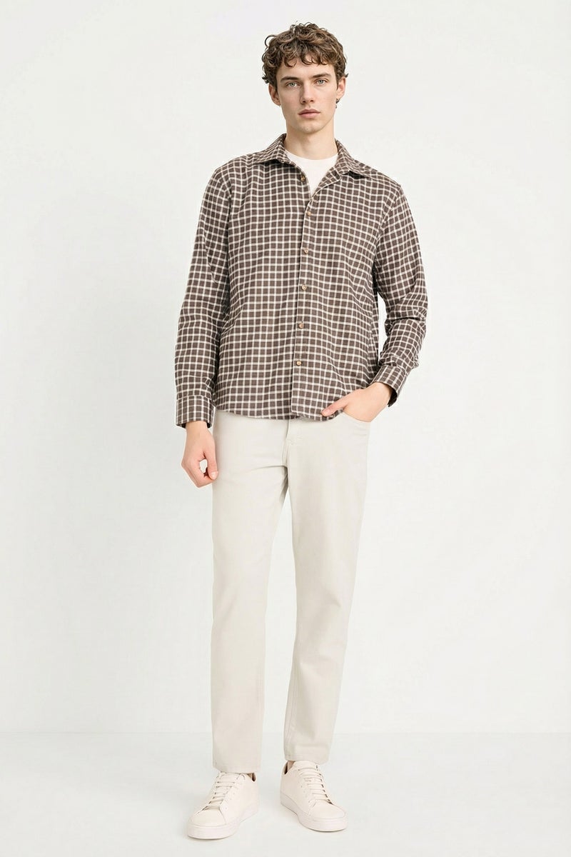 DeFacto Brown Man 100% Cotton Plaid Shirt Casual - Image 2